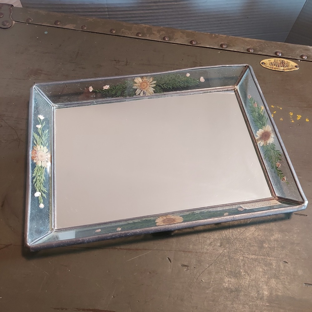 International Silver Co Vintage Mirrored Vanity Tray Pressed Flowers Glass 10in